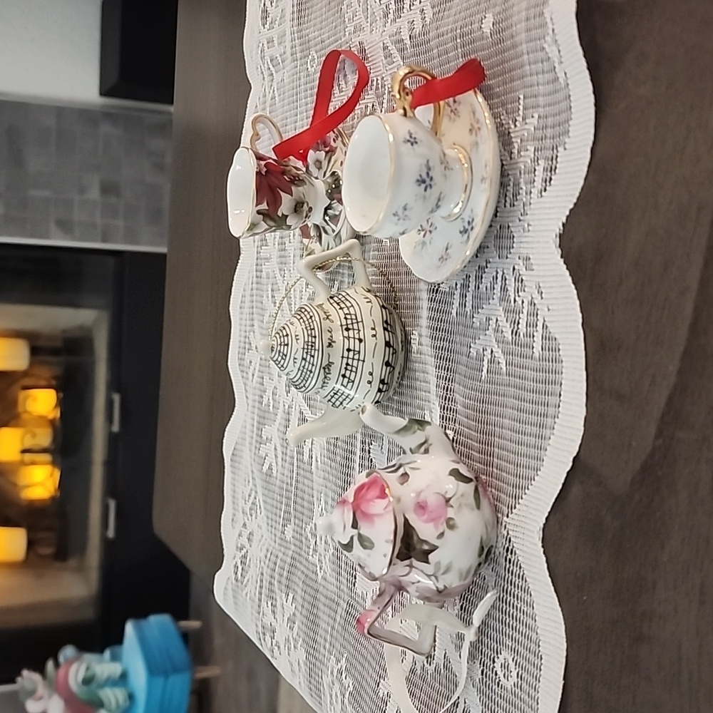 Christmas ornaments, miniature tea cups and tea pots